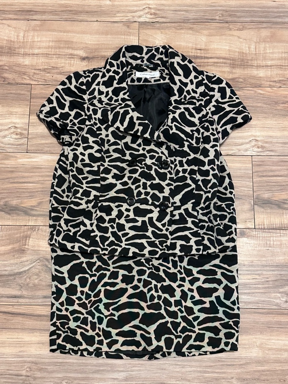 Calvin Klein Black and Cream Animal Print Skirt Suit